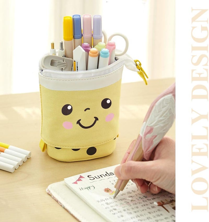 KPX Cute Standing Pencil Case Pen Holder for Kids, Pop Up Stand UP Bubble Tea Pen Organizer Kawaii Stationary for Christmas Holiday New Year Office (Yellow) - Image 5